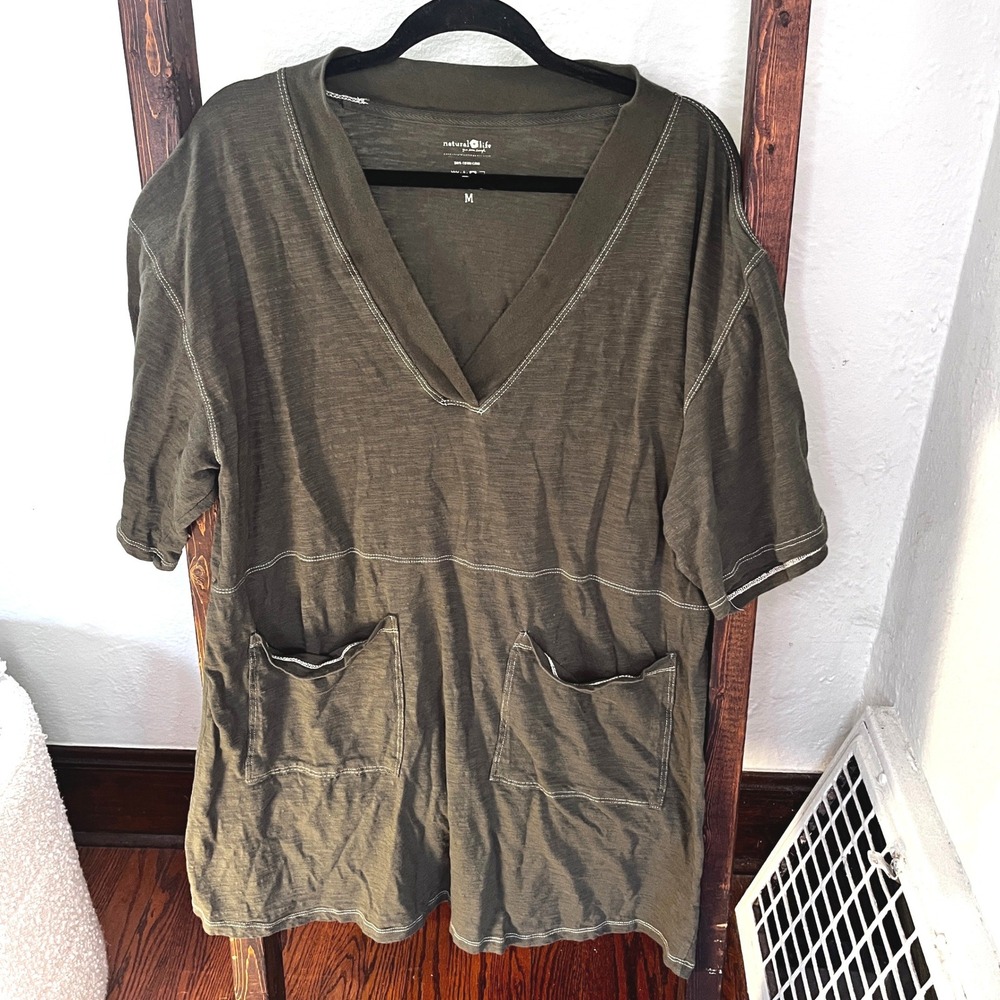 Natural Life Olive Green Cotton V-Neck Tunic Top with Pockets Contrast Stitch M
